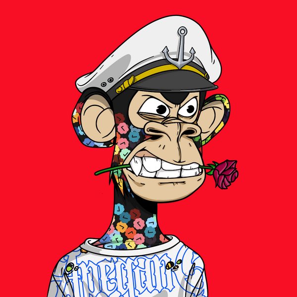 A cartoon Bored Ape-style monkey wearing a white captain's hat, holding a rose in its mouth, and dressed in a shirt reading 'REBEL CLUB', with a floral-patterned neck, set against a red background.
