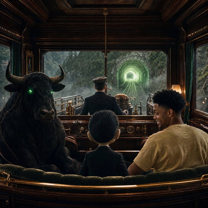 In a dimly lit, luxurious train compartment, a large black bull with glowing green eyes sits beside a young boy and a smiling man, all looking towards a luminous tunnel ahead. This image symbolizes seizing the opportunity presented by $ANSEM before the train enters darkness, representing missed chances.