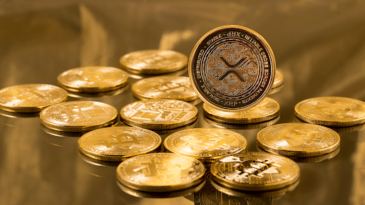 The image shows a large pile of gold coins, including some $XRPL coinage, placed next to each other. The coins are shiny, indicating that they might be old or have been recently minted. There is also an illustration of a coin with the XRP symbol on it, which is worth approximately 1 Bitcoin (BTC) in real terms. The entire scene conveys the concept of digital currency and its potential impact on traditional financial systems.