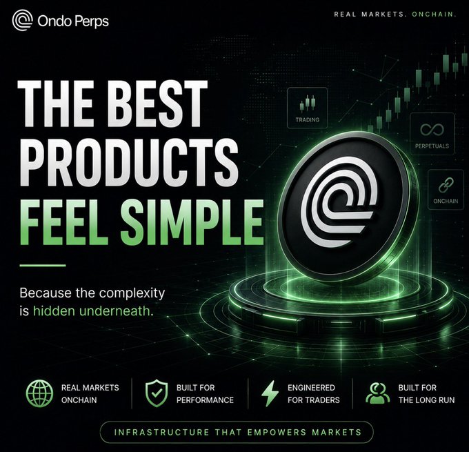 A promotional banner for Ondo Perps with the tagline "REAL MARKETS. ONCHAIN." and headline "THE BEST PRODUCTS FEEL SIMPLE - Because the complexity is hidden underneath.", highlighting features like Trading, Perpetuals, Onchain, Real Markets Onchain, Built for Performance, Engineered for Traders, and Built for the Long Run.