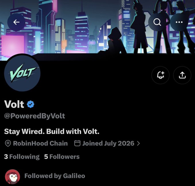 A Twitter/X profile page for 'Volt' (@PoweredByVolt) with the tagline 'Stay Wired. Build with Volt.', located on RobinHood Chain, joined July 2026, featuring a neon cityscape banner.