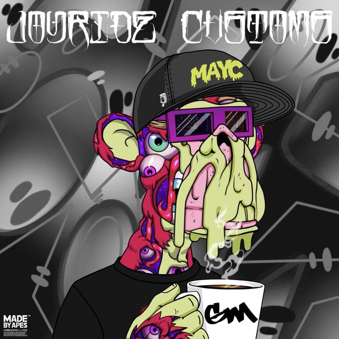 Digital illustration artwork titled 'ZORTIEZ CHRONICZ' by 'MAYC' (Made by Apes), depicting a surreal melting face wearing a black cap and purple sunglasses, holding a coffee cup.