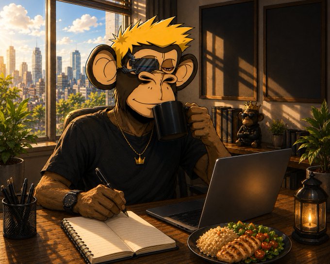 An illustrated image of a monkey character wearing sunglasses and a gold chain, working on a laptop at a desk with a notebook, a meal, and a city view in the background.