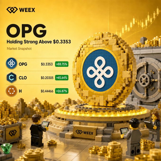 In the image, there are three people standing next to a golden coin-shaped object that has a lot of information on it such as its name, price, and some statistics related to it. The image also features some blocks or legos with gold bricks surrounding this gold coin. This scene suggests an advertisement or promotional material for "OPG", which is a cryptocurrency or digital currency. The people in the picture appear to be discussing the value of the coin.