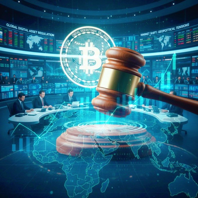 A digital illustration of a gavel striking above a glowing Bitcoin logo, with world maps and text like 'GLOBAL DIGITAL ASSET REGULATION' and 'MARKET SHIFT: GEOPOLITICAL TENSIONS' in the background.