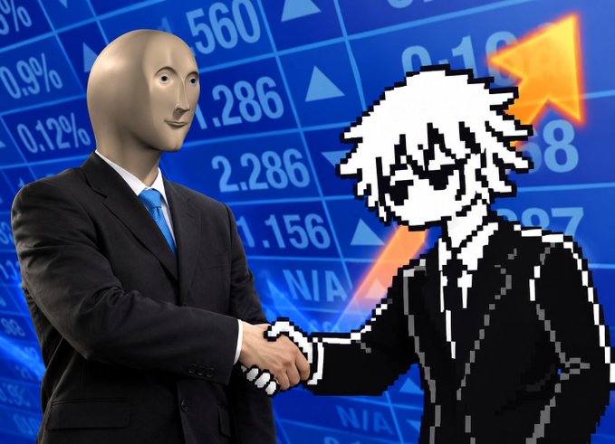 A person in a business suit wearing a "Meme Man" mask shakes hands with a pixelated figure against a stock market chart backdrop, symbolizing an unlikely partnership or deal. The image's theme of an unconventional but potentially promising agreement mirrors the post's confident endorsement of the $KNOTS stock on the $STONK platform, suggesting an alliance worth watching.