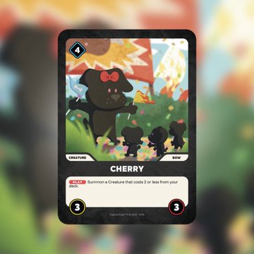 A collectible card game card named 'CHERRY', featuring a black creature with red bows and stating the ability 'Summon a Creature that costs 2 or less from your deck.'