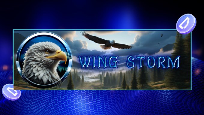A promotional banner for 'WING STORM' displays a bald eagle in a circular emblem on the left, an eagle flying over a mountain landscape in the center, and a blue blockchain-themed background with navigation arrows.