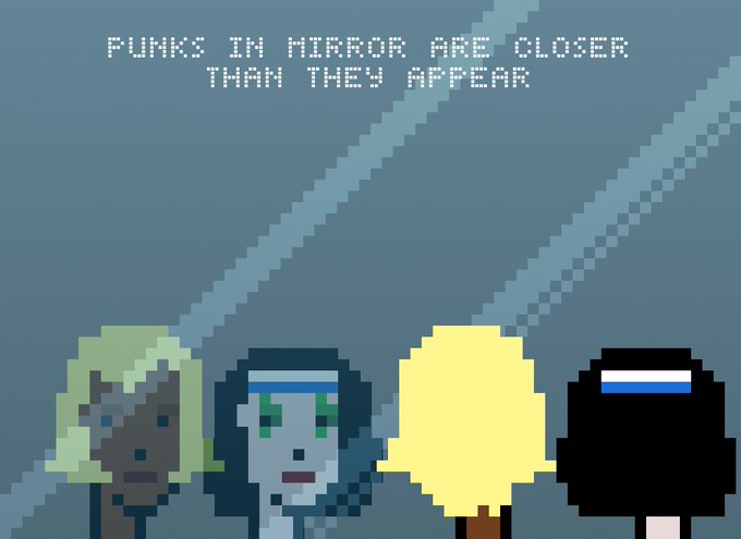 A pixel art image showing four punk-style characters with a sign reading 'PUNKS IN MIRROR ARE CLOSER THAN THEY APPEAR'.