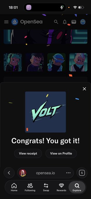 A mobile screenshot of OpenSea showing a successful NFT purchase with the text "Congrats! You got it!" and a "VOLT" logo displayed.