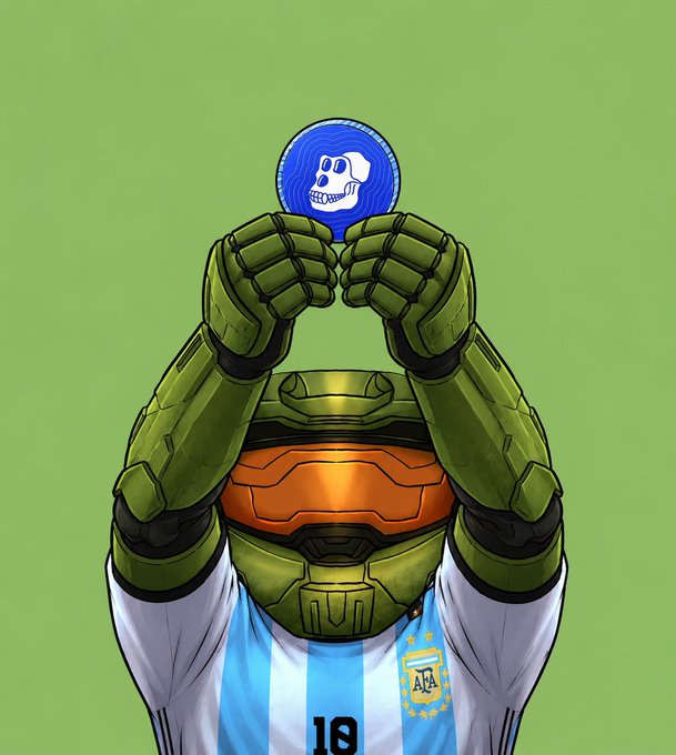 The image shows a character wearing a Doom Slayer helmet and green armor, holding up a blue coin featuring a skull (likely representing the $APE token), while wearing an Argentina soccer jersey with the number 18. It ties to the "Happy Froggies Friday" post by combining the frog/ape crypto meme theme with a playful mashup of gaming and soccer imagery as a fun visual reminder to DCA $APE.