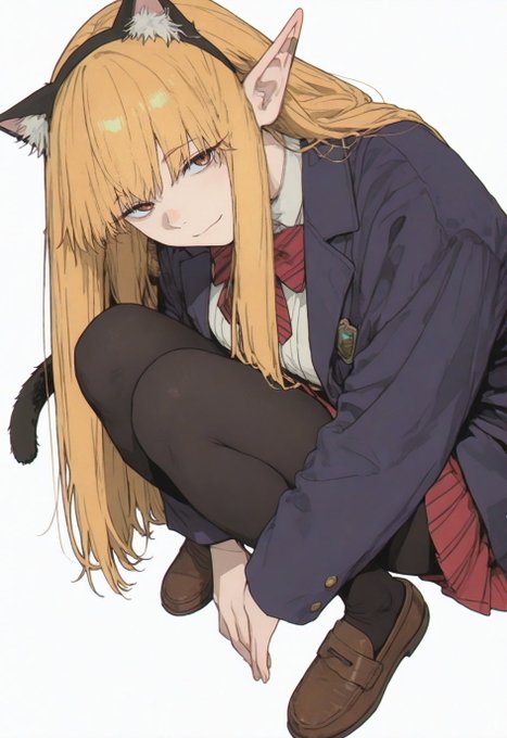 Anime-style illustration of a character with long blonde hair, cat ears, and a tail, crouching down while wearing a dark school uniform jacket, red tie, dark tights, and brown loafers.