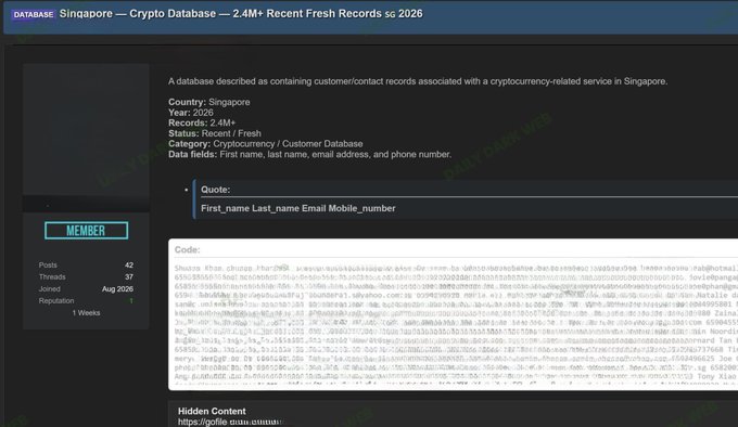 Underground forum listing advertising a "Singapore — Crypto Database" containing 2.4M+ customer records (first name, last name, email, phone) for sale, with metadata specifying Singapore as the country, year 2026, and category "Cryptocurrency/Customer Database."