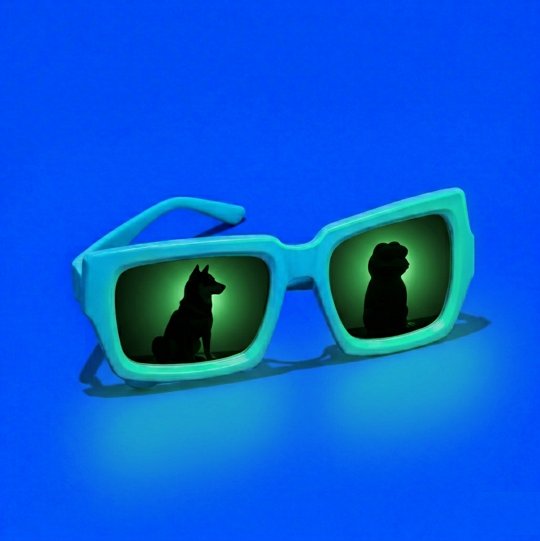 The image features two pairs of glasses with reflections of dogs inside them. One pair has a dog reflection, while the other pair does not have any dog reflections. This creates an interesting visual effect that captures the viewer's attention. The glasses are placed on a blue background, which contrasts nicely with their greenish hue and adds to the overall aesthetic appeal of the image.