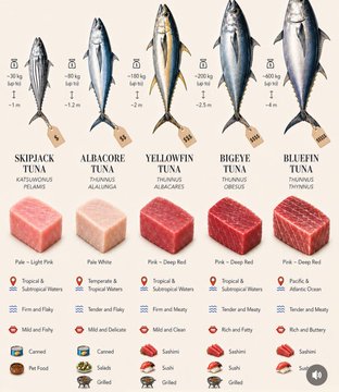 An infographic displays five tuna varieties—Skipjack, Albacore, Yellowfin, Bigeye, and Bluefin—detailing their sizes, weights, color, fat content, flavor, and ideal cooking methods.
