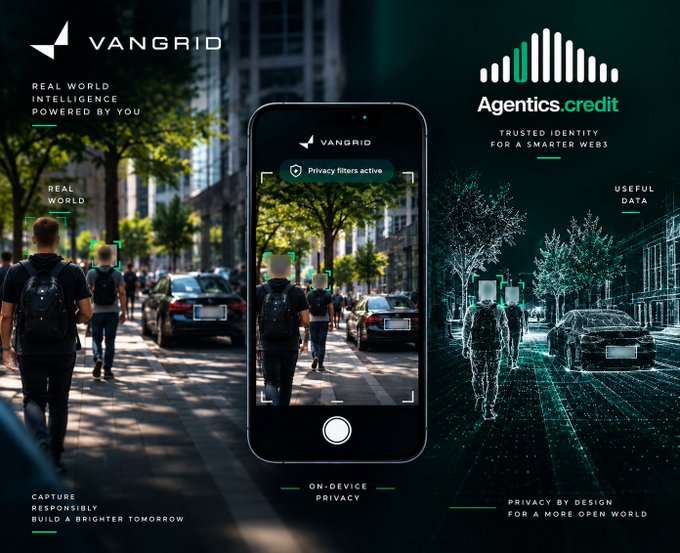 Promotional graphic for 'VANGRID' showcasing 'Real World Intelligence Powered By You' alongside 'Agentics.credit' with imagery of a smartphone scanning people on a street for data.