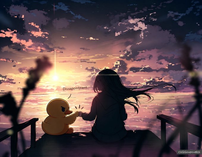 An anime-style illustration of a girl with long dark hair sitting on a dock at sunset, holding hands with a grumpy rubber duck labeled 'Dissappointment.'
