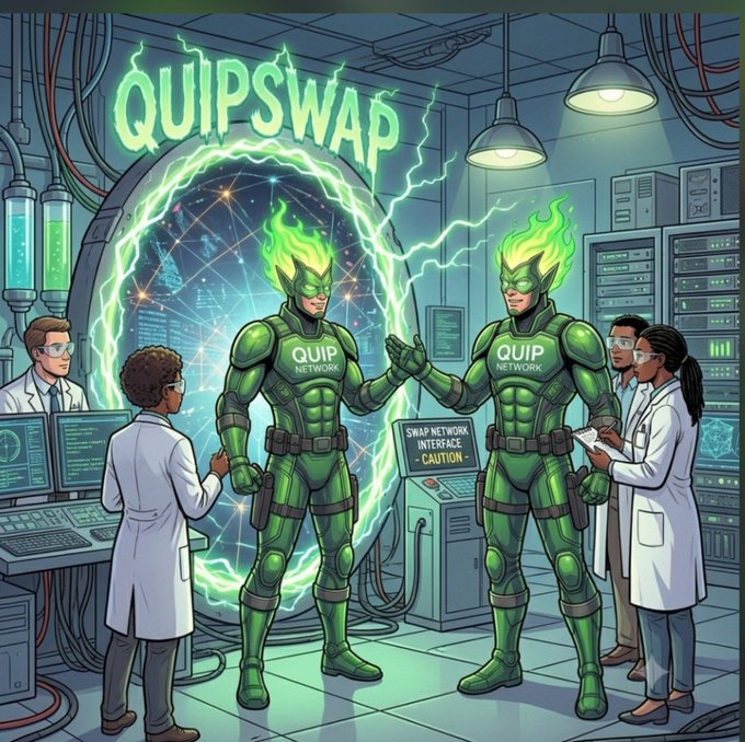 A cartoon-style illustration titled 'QUIPSWAP' depicting two green-suited superheroes with flaming green hair labeled 'QUIP NETWORK' standing in a lab setting with scientists and a portal.