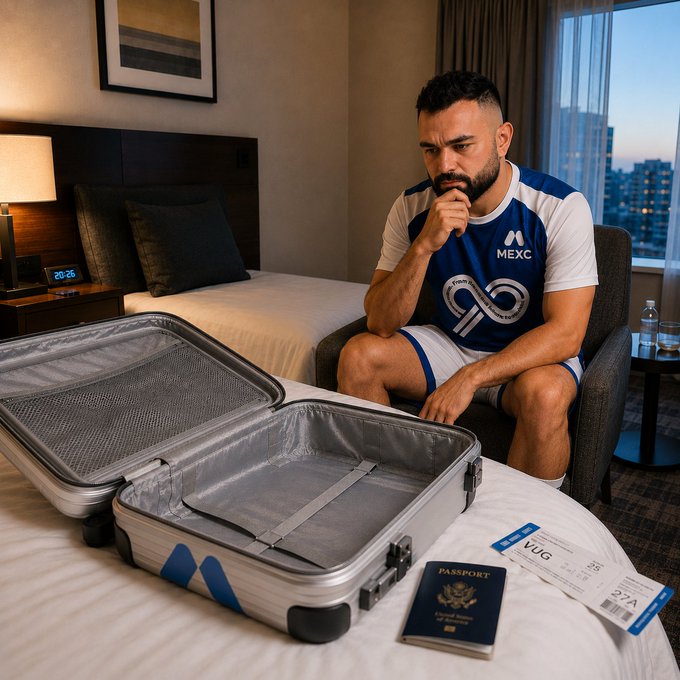 A bearded soccer player wearing a "MEXC" jersey sits thoughtfully on a hotel bed, gazing at an empty suitcase beside his passport and boarding pass. The image ties directly to the MEXC giveaway, visually echoing Captain Vugar's unresolved journey with the contest's call for fans to suggest what item he'd bring home from his travels.