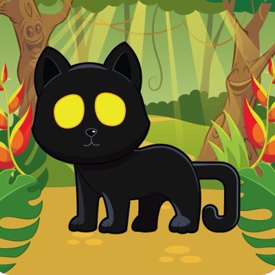 A cartoon illustration of a black cat with glowing yellow eyes standing on a path in a jungle setting with trees and red-orange flowers.
