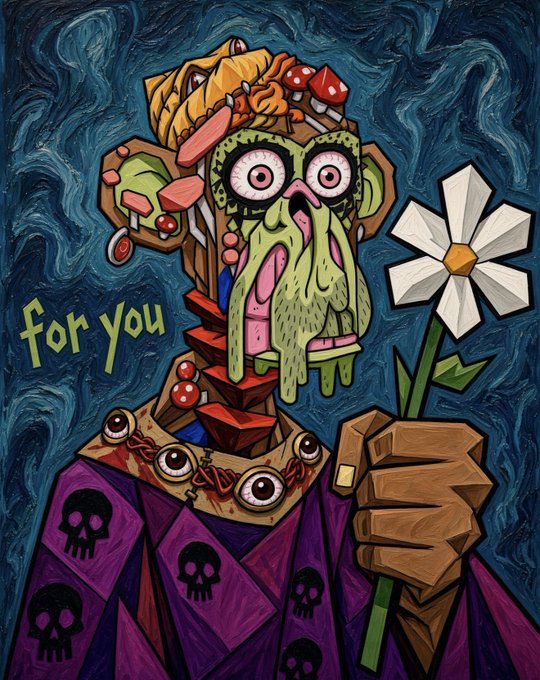 A surreal, grotesque painting of a green-faced figure with bulging eyes, a drooping beard, and a robe covered in skull motifs, holding a white flower, with the text 'For you' beside it.