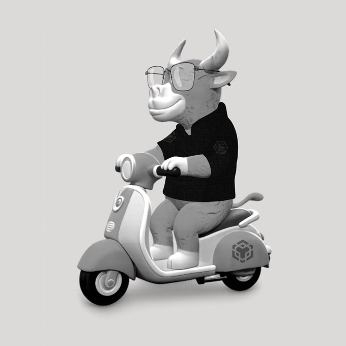 A grayscale 3D render of a cartoon bull wearing glasses and a black polo shirt, riding a scooter with a 3D cube logo.