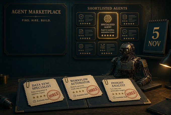 A steampunk-style "Agent Marketplace" display featuring shortlisted agents and three hired specialist cards—Data Sync Specialist, Workflow Automator, and Insight Analyst—with a November 5 calendar visible, illustrating the campaign's strategy of hiring agents before building them.