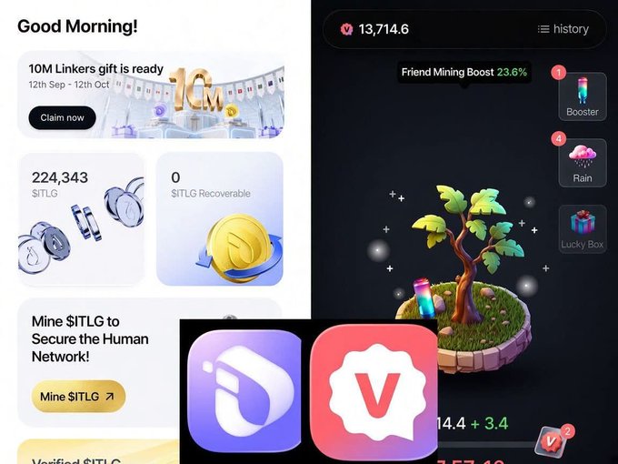 A mobile app interface screenshot showing a "Good Morning!" screen for mining $ITLG tokens with 224,343 balance and a tree-growing virtual garden on the right showing 13,714.6 balance, alongside two app icons below.