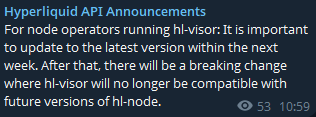 A blue "Hyperliquid API Announcements" notification displays an urgent message for node operators running hi-visor, instructing them to update to the latest version within the next week to prevent incompatibility with future versions of hi-node. The post aligns with the image's warning about the critical software update deadline, with a timestamp of 53:10:59 visible in the bottom right corner.