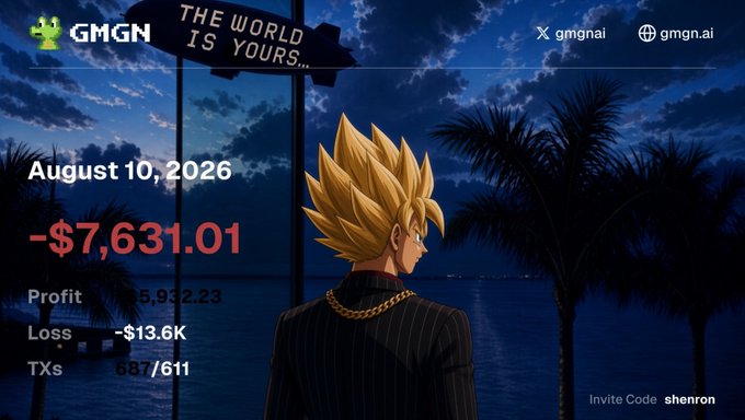 An anime-style image showing a Super Saiyan character from Dragon Ball looking at a tropical night seascape, overlaid with a trading dashboard displaying "August 10, 2026", a loss of "-$7,631.01", "Profit: 5,932.23", "Loss: -$13.6K", and the GMGN branding with an invite code "shenron".