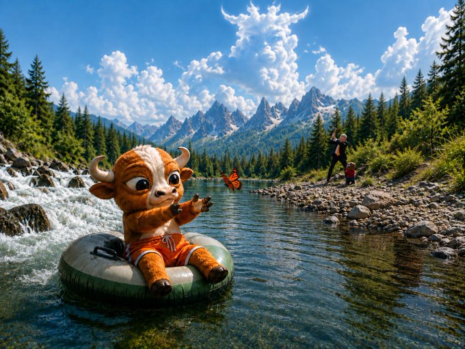 A whimsical scene shows an animated, cartoonish young buffalo wearing orange shorts floating in a green inner tube on a clear river, reaching toward a butterfly, set against a backdrop of mountains, pine trees, and a person walking on the rocky shore.