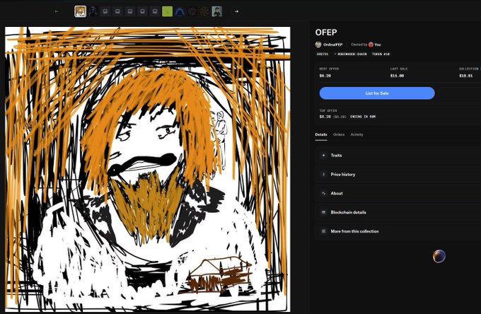 A screenshot of an NFT marketplace listing for "OFEP" by OnliveFEP, showing a sketchy orange and black portrait artwork, with a last sale price of $19.80 and a floor price of $18.01, reflecting the user's comment about low trading activity ("Not many people are playing") as the listing remains available for sale.