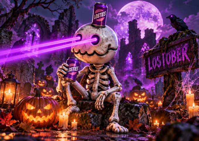 A Halloween-themed scene features a skeleton with purple laser eyes sitting among jack-o'-lanterns and holding purple 'LOSTIES' cans, next to a sign reading 'LOSTOBER' under a full moon.