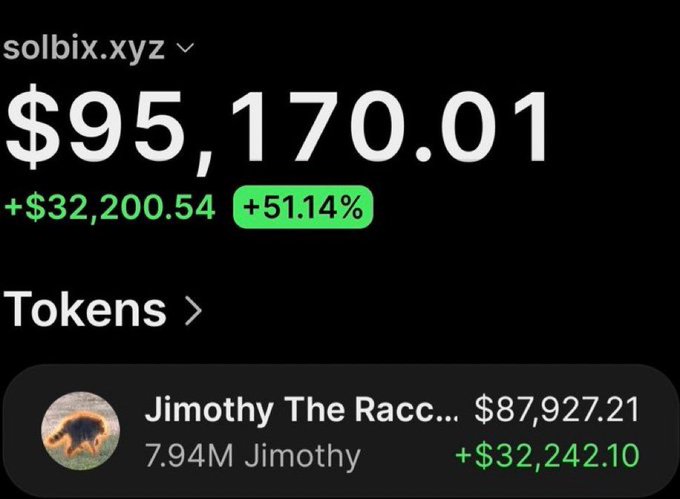The image shows a portfolio tracker for the wallet "solbix.xyz" displaying a total value of $95,170.01 with a +$32,200.54 (+51.14%) gain, prominently featuring the token "Jimothy The Racc..." valued at $87,927.21 (7.94M Jimothy tokens, +$32,242.10), which aligns with the post's claim of turning $91 into roughly $99K profit from the $Jimothy token.