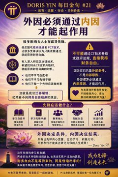 A promotional poster for 'DORIS YIN' (#21) featuring Chinese text about overcoming challenges by integrating internal and external factors, including advice on study, finances, family, and career.