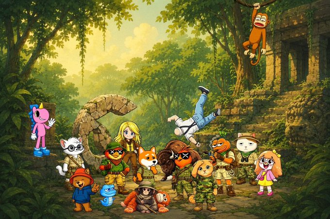 A whimsical illustrated jungle scene features various cartoon animal characters in safari outfits gathered around a large letter 'G', with a monkey swinging from a vine and another character falling mid-air.