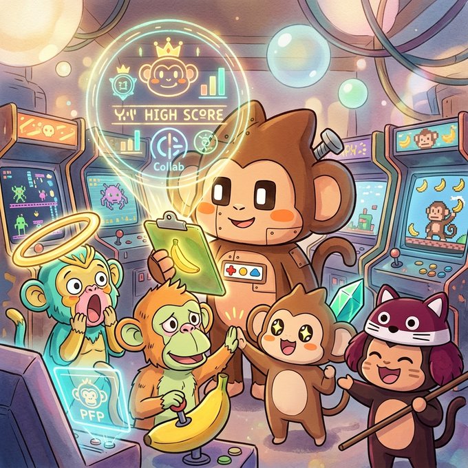 Colorful cartoon illustration of multiple monkey characters in an arcade setting, with a hologram displaying 'HIGH SCORE' and labels 'Collab' and 'PFP' visible.