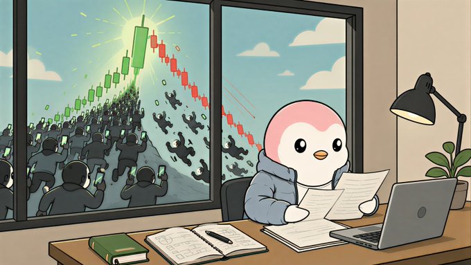 A cartoon illustration of a penguin character working at a laptop while outside a window, crowds cheer a green rising stock chart as red figures fall.