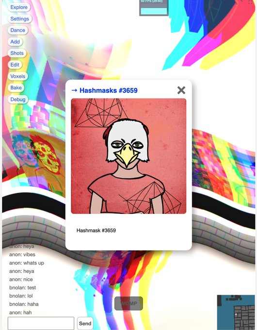 A screenshot of a digital interface showing a 'Hashmask #3659' popup displaying an NFT artwork of a humanoid figure with a bird-like face wearing a red shirt, set against a colorful abstract background with chat messages visible below.