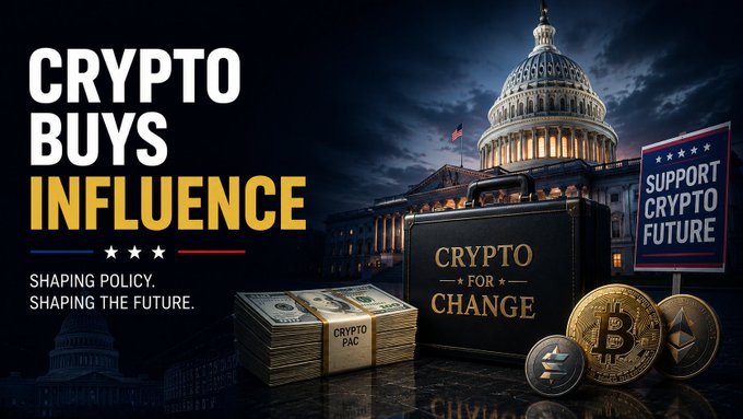 A political graphic titled 'CRYPTO BUYS INFLUENCE - SHAPING POLICY, SHAPING THE FUTURE' showing the U.S. Capitol building with cryptocurrency-themed imagery including a 'CRYPTO FOR CHANGE' briefcase, stacks of crypto cash, and Bitcoin/Ethereum coins.