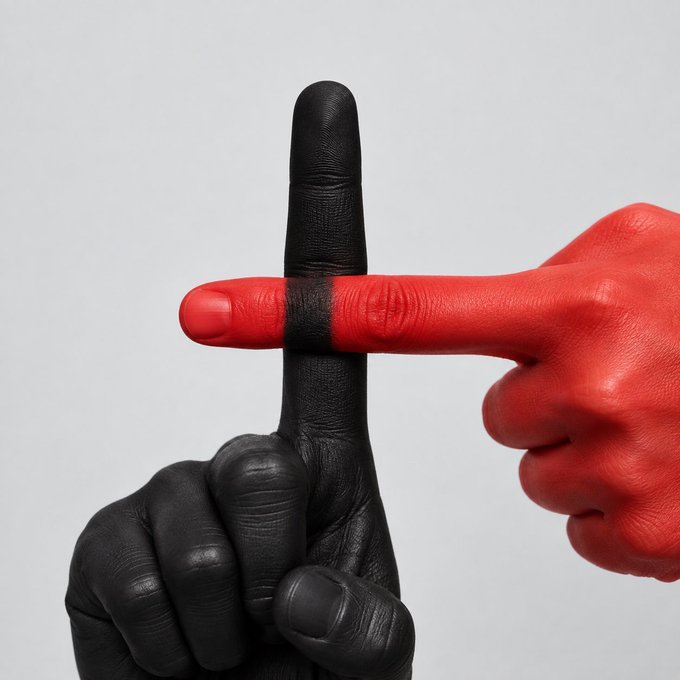 Two hands, one painted black and one painted red, are crossed with index fingers extended against a gray background, creating a visual interplay of colors.