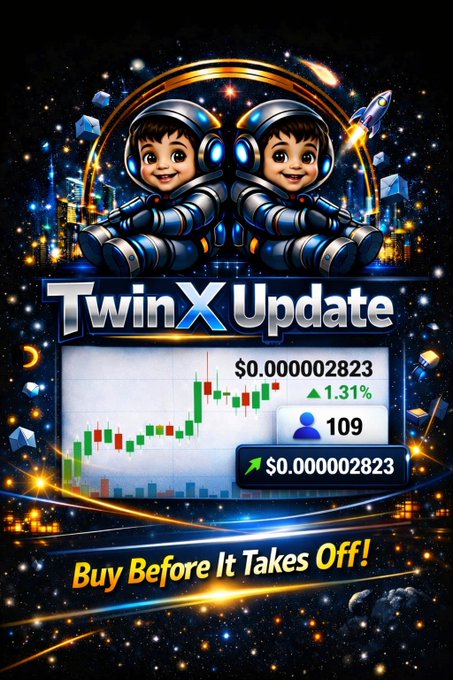 A flashy promotional graphic for 'TwinX Update' featuring two cartoon astronaut characters, showing a price of $0.000002823 up 1.31%, with the tagline 'Buy Before It Takes Off!'