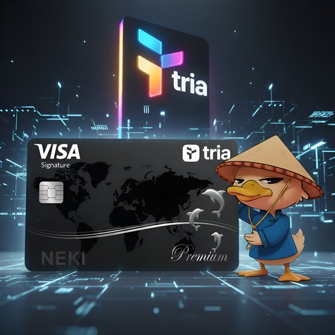 The image features a duck standing next to an Visa credit card with a price tag. The price of the card is $99, which reflects the premium quality that users can expect from this particular card. The surrounding background depicts a futuristic technological setting with electronic displays, including neon lights, and the text "Visa Signature" indicates it's part of the financial ecosystem. There is also an anime character or cartoon duck in the scene, adding a fun element to the otherwise serious subject matter. This image might be used as content for a promotional post about using the premium card from @useTria, focusing on both its features and its benefits compared to other financial products available.
