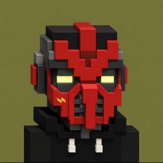 A pixelated, voxel-style 3D rendering depicts a character wearing a red and black helmet with glowing yellow eyes and a stylized yellow lightning bolt emblem on the cheek, set against an olive green background. The blocky, retro-gaming aesthetic fits perfectly with the "GM NFT world" post, likely representing a unique digital collectible avatar from an NFT gaming or metaverse project.