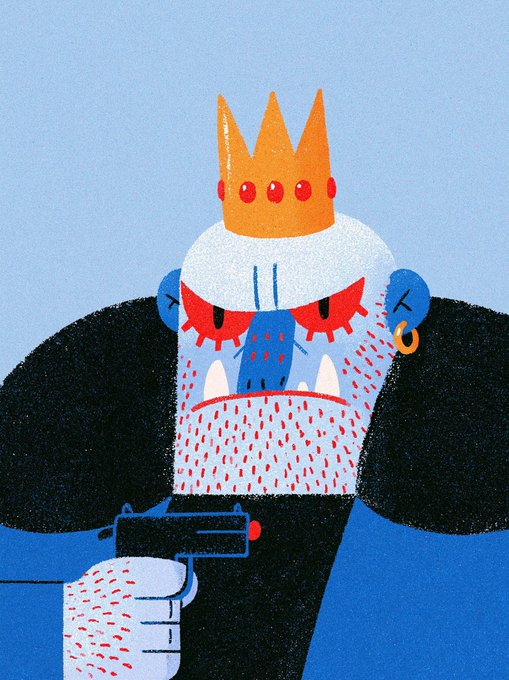 A stylized illustration features a menacing blue-skinned king with a crown, gold earring, and beard, pointing a black handgun directly at the viewer against a light blue background, tying into the post's anticipation of "The BUFOS" mint by showcasing the project's edgy character art.
