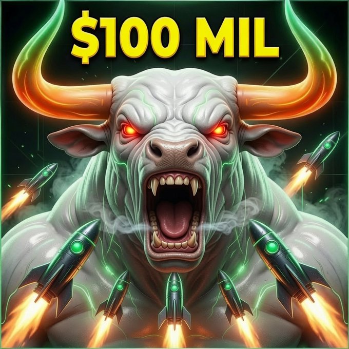 A fierce, roaring white bull with glowing red eyes and green energy cracks, surrounded by flying rockets, with bold yellow text reading '$100 MIL' at the top.