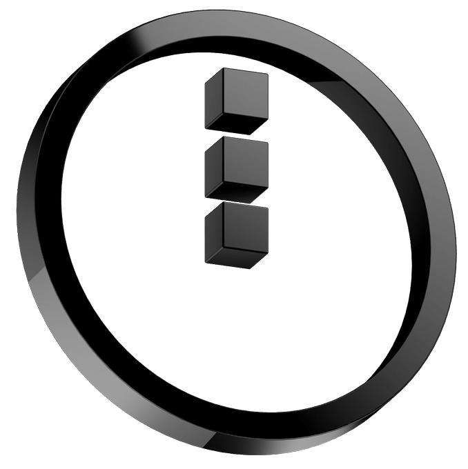 A 3D rendered logo featuring three dark cubes stacked vertically within a glossy black circular ring on a black background.