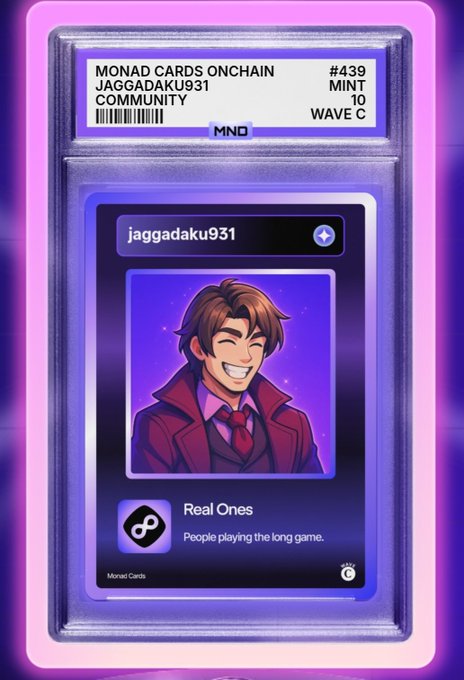 A 'Monad Cards Onchain' collectible card (#439) shows a smiling anime-style character named jaggadaku931, labeled with 'Real Ones' and 'COMMUNITY 10'.