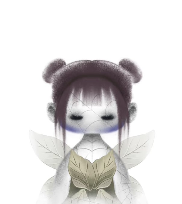 A digital artwork of a pale, doll-like fairy figure with a cracked porcelain face, dark purple hair styled in twin buns, and insect wings, wearing a leaf-like top against a white background.
