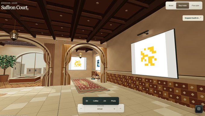 A virtual reality environment labeled 'Saffron Court' showing an interior room with arched doorways, decorative tilework, rugs, and large screens displaying yellow pixel-art characters.